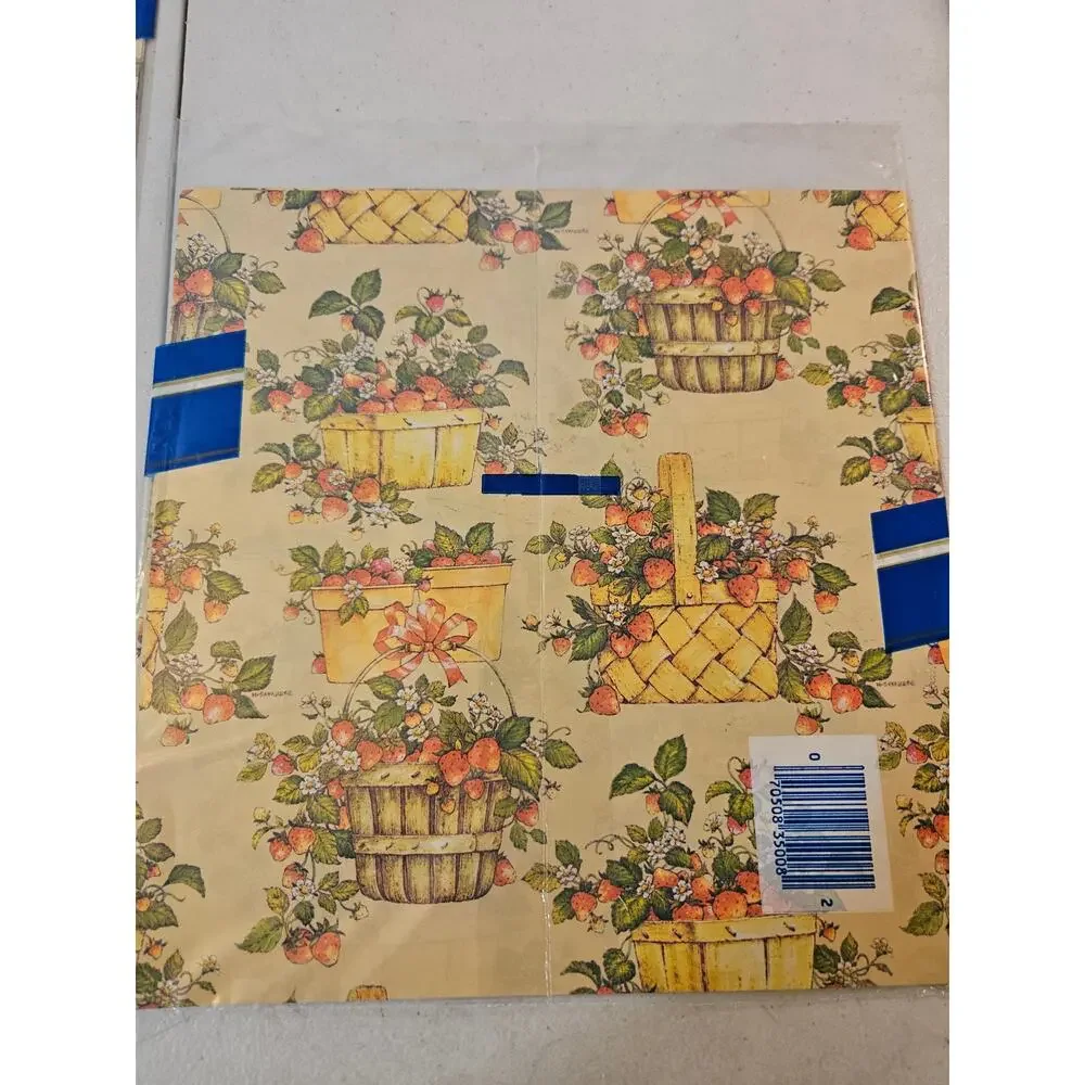 Vintage Strawberry Basket Wrapping Paper Lot of 6 NOS Sealed Sheets Paper Goods